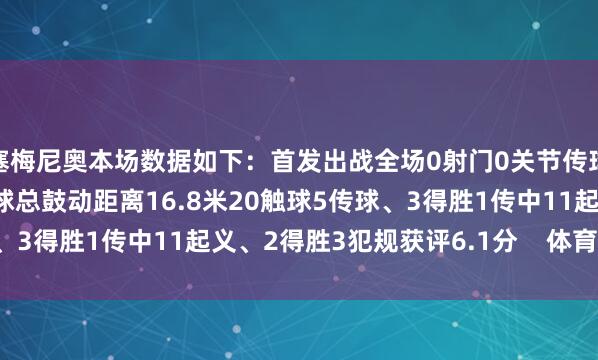 塞梅尼奥本场数据如下：首发出战全场0射门0关节传球12丢失球权1越位3控球总鼓动距离16.8米20触球5传球、3得胜1传中11起义、2得胜3犯规获评6.1分    体育最新信息